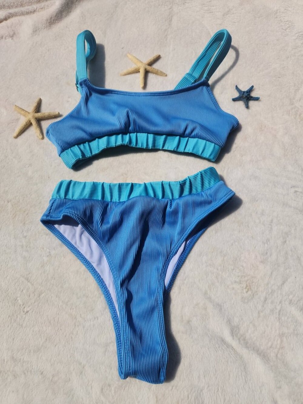 Medium 2pc Women's Blue Ribbed Bikini Bathing Suit Sexy Swimwear Beach Pool